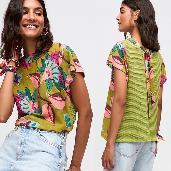Aldo Martins Tops - NWT Aldo Martins Capjuluca Paula Green Tropical Floral crochet mesh Back Top M
